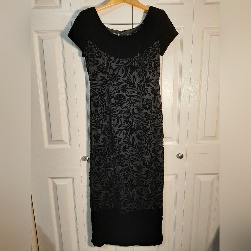 LIZ CLAIBORNE Dress Women's 4 Black Gray Velvet Floral Damaske Lined